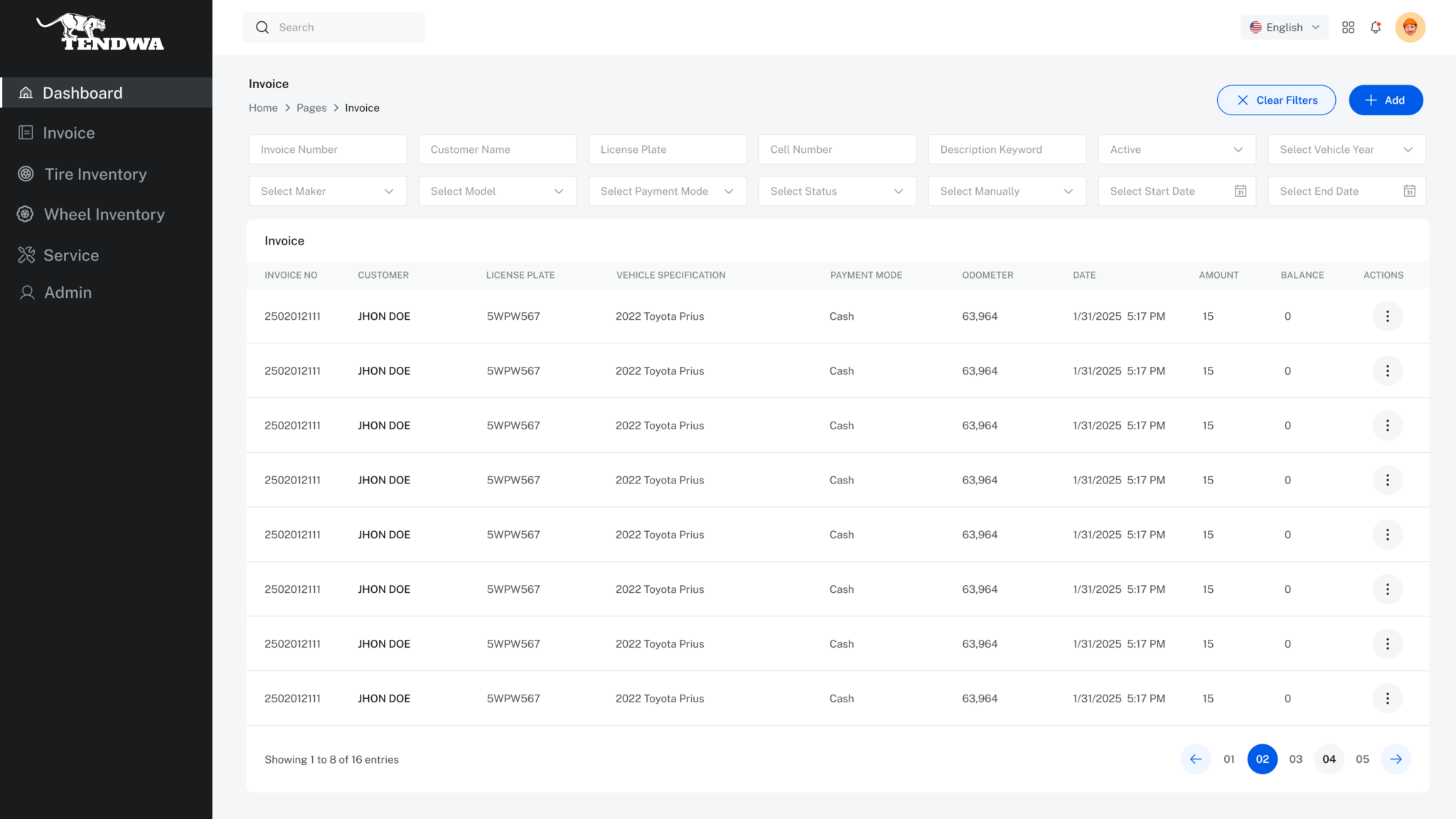 Tendwa estimate and invoice list with line items, status, and totals