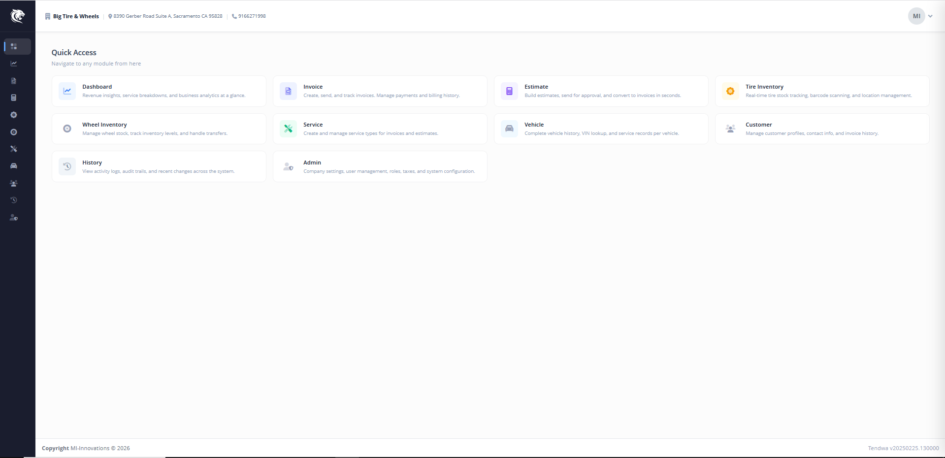 Tendwa Quick Access showing Tire Inventory, Wheel Inventory, and other modules
